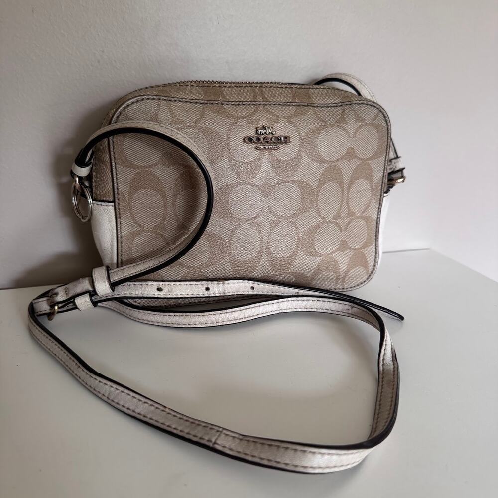 Coach Tan Cream Signature C Logo Camera Bag Rectangle Crossbody Purse